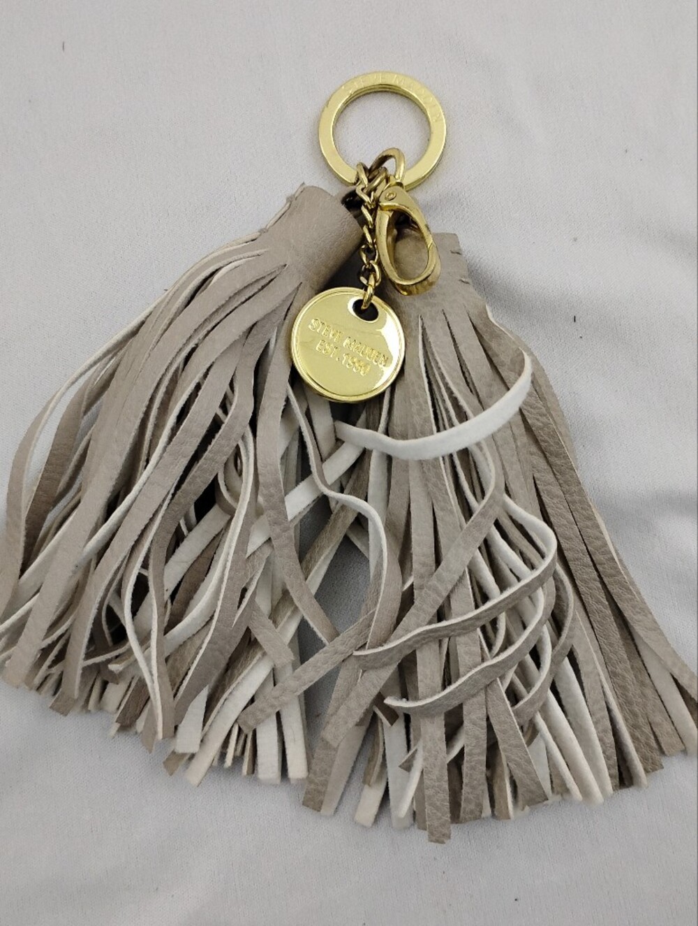 Steve Madden Fringe Tassel Keychain in Taupe with Gold Accent